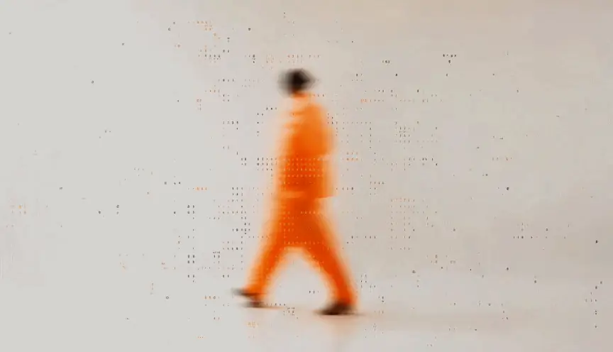 Hombre con traje naranja caminando sobre un fondo de datos